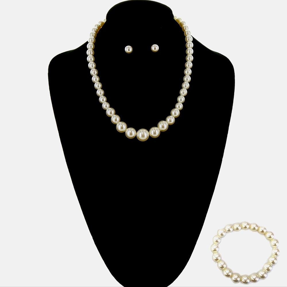 Elegant Classic Pearl Necklace Bracelet and Earrings 3PC Matching Set